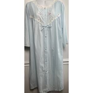 Vtg Vanity Fair House Coat M Blue Lightweight Button Short 3/4 Sleeve Grannycore
